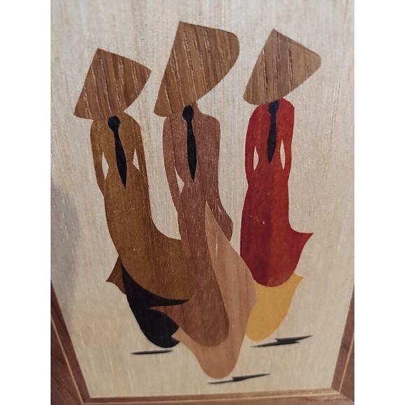 VINTAGE Asian women Friends WOOD INLAY MARQUETRY Pair Set Small Framed Wall Art - Picture 3 of 7